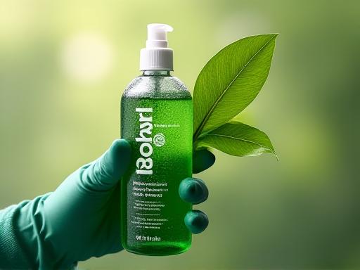 Mano con guanto che tiene un prodotto di pulizia ecologico con una foglia verde