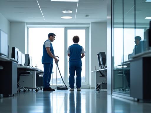 Team di pulizia professionale in un ufficio moderno